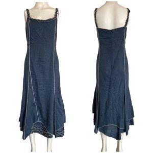 Extenzo Paris Blue Ruffled Layered Trim Midi Dress Ramie Linen Sz 44 XL